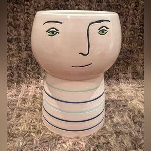 Opal House, Picasso Inspired Face Planter/Vase 6” Stoneware, pink, blue stripes
